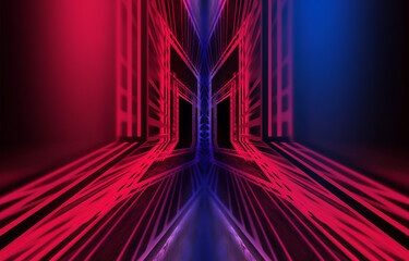 Dark tunnel light, neon light, reflection in water. Abstract futuristic modern neon background. 3D illustration.