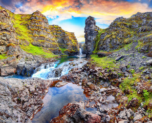 Marvelous view of  Kolugljufur canyon and Kolufossar falls.