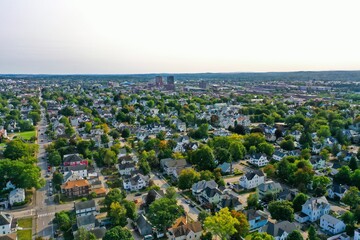 Fototapeta na wymiar Aerial Drone Photography Of Downtown Manchester, NH (New Hampshire) During The Summer