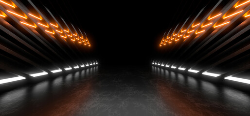 A dark corridor lit by colorful neon lights. Reflections on the floor and walls. 3d rendering image.