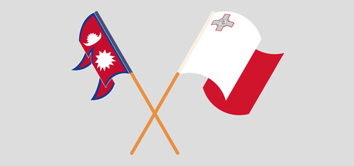 Crossed and waving flags of Nepal and Malta