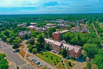 Fototapeta na wymiar Aerial Drone Photography Of Downtown Durham, NH (New Hampshire) During The Summer