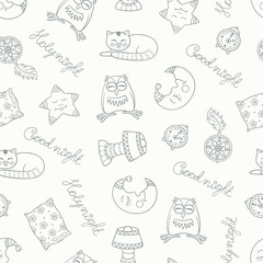 Vector cute seamless pattern with sleep objects and animals. Everyone has sweet dreams. Drawing made in childish style