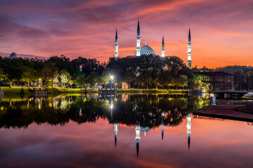 Majestic sunrise view of Sultan Salahuddin Abdul Aziz Shah mosque, known as Shah Alam mosque.