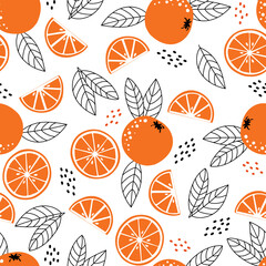 Seamless bright pattern with fresh oranges on a white background. Suitable for fabric, labels, t-shirt printing, wallpaper, covers, wrapping paper. Fruit background in flat style.