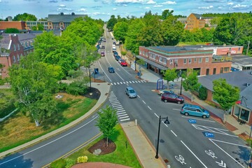 Aerial Drone Photography Of Downtown Durham, NH (New Hampshire) During The Summer