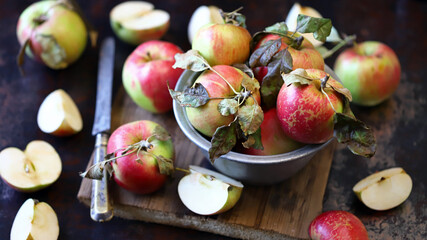 Fresh apples in a bowl on a dark surface. Harvest apples.