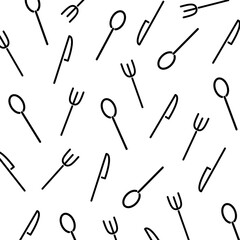 Seamless pattern with spoon, fork isolated on white background, flat and outline design. Vector illustration
