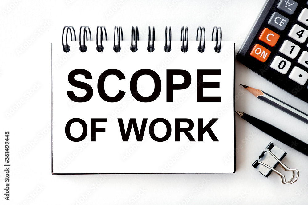 Poster scope of work text on white paper on light background