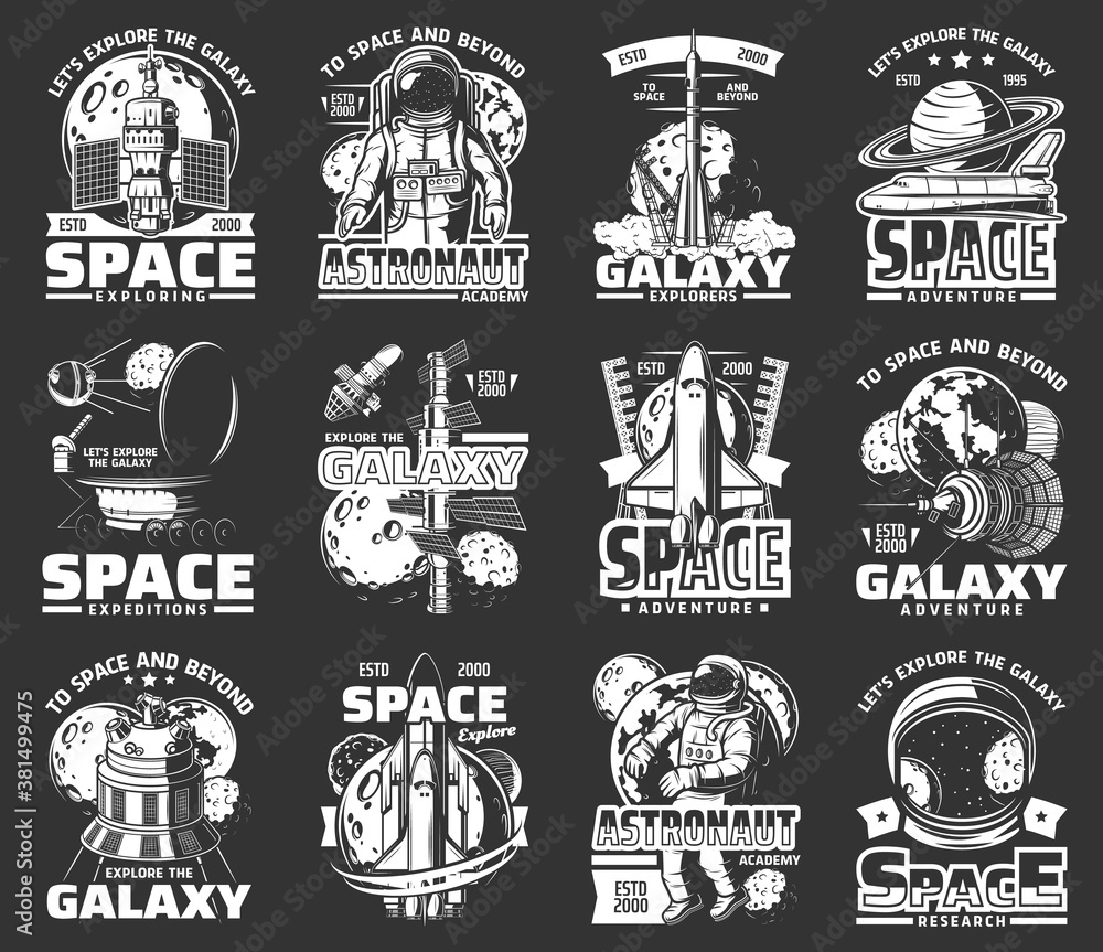 Poster outer space explore monochrome vector icons. universe expedition galaxy adventure. astronaut, space 