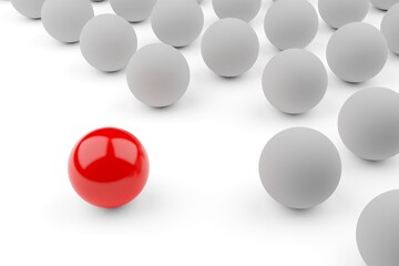 Single red ball standing out from the crowd of white spheres, leadership, standing out or bravery concept over white background