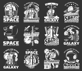 Outer space explore monochrome vector icons. Universe expedition galaxy adventure. Astronaut, space shuttle and satellites cosmos research. Explorers and alien planet colonization mission retro labels