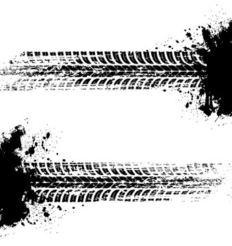 Tire prints, car tyre tracks isolated grunge vector marks. Offroad auto or bike race, vehicle wheels trace with abstract dirty spots. Monochrome brush stroke pattern, graphic texture, design elements
