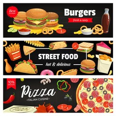 Fast food vector banners cheeseburger, hamburger and french fries with sandwich. Nuggets, tornado potato and tacos. Cola, pizza with sausages, tomato and olives, onion rings. Cartoon street food meals