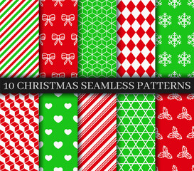 Christmas seamless patterns collection. Xmas New year texture. Festive seamless background with holly, snowflakes, candycane lollipop and geometric ornament. Holiday wrapping paper. Vector