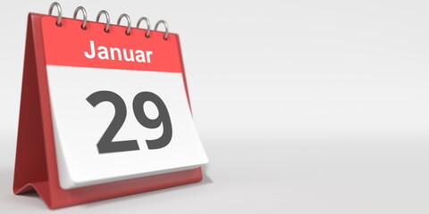 January 29 date written in German on the flip calendar page. 3d rendering