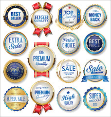 Retro vintage gold and blue badges labels and ribbons