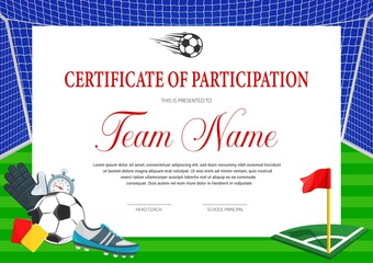 Certificate for soccer tournament participation. Football club diploma vector template. Sports award border design with ball, shoe, glove and gate with flag, yellow and red cards. Sport achievement