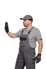 Car mechanic in 40 years holding clock and showing signs with hand isolated on white background