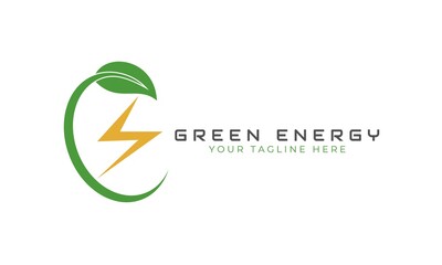 Green energy logo. Flash symbol with green leaf. Usable for Electric Vehicle Charging Station or ecology logo. Flat vector design isolated on background