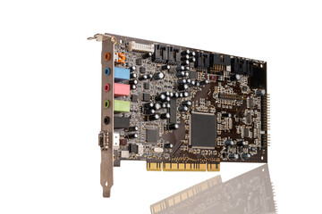 professional computer device external sound card for playback and recording, mixer, audio inputs and audio outputs