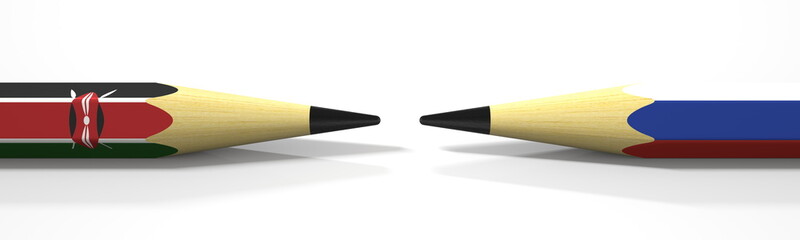 Opposing pencils with flags of Kenya and Russia. Conflict concept, 3d rendering