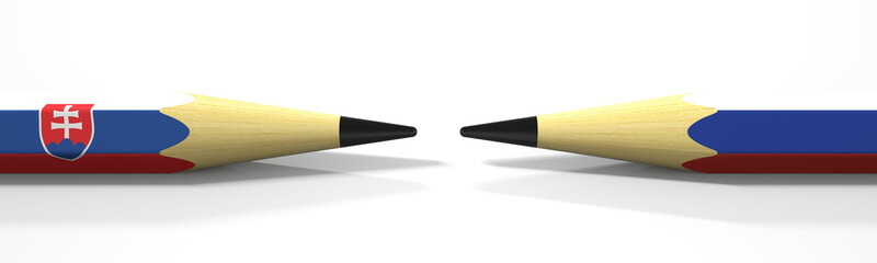 Two pencils with flags of Slovakia and Russia, political conflict related 3d rendering