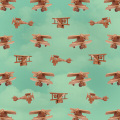 Trendy pattern wooden plane toys on sky concept background