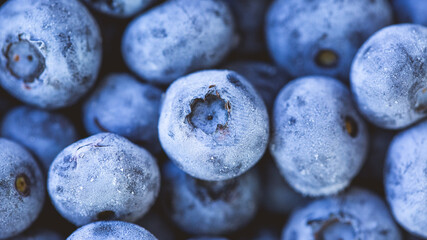Frozen blueberry fruits, organic and vegan food. berries background. close up, top view