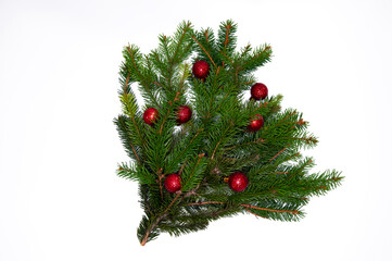 Christmas branch of a natural tree with red balls on a white background close-up. Isolate