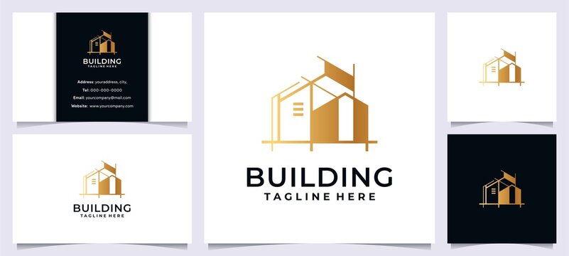 Building logo inspiration with concept line art and business card	