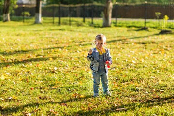 A little boy 2-3 years in denim clothes blows bubbles in the autumn park