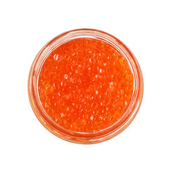 Red caviar in a glass jar isolated on white background with clipping pass. Top view