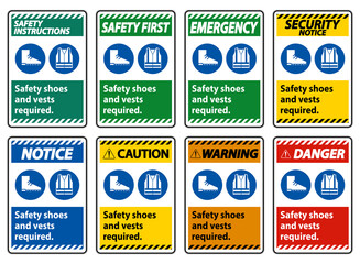 Safety Shoes And Vest Required With PPE Symbols on white background