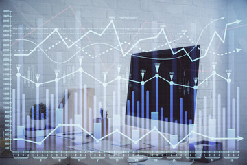 Multi exposure of stock market chart drawing and office interior background. Concept of financial...