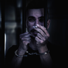 Portrait of handcuffed man imprisoned for crime, punished for serious villainy.