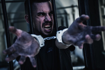 Handcuffed man imprisoned for crime, punished for serious villainy. Arrest, gangster and pain...