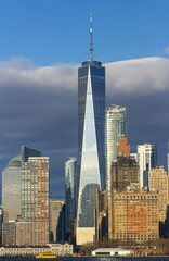 ew York City Manhattan skyline with One World Trade Center Tower - view from Long Island Ferry