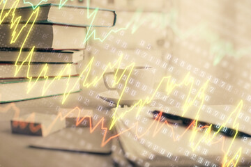 Double exposure of financial chart drawing and desktop with coffee and items on table background. Concept of forex market trading