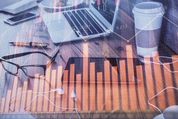 Double exposure of forex chart drawing and cell phone background. Concept of financial trading