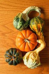 Pumpkins and gourds on a wooden surface