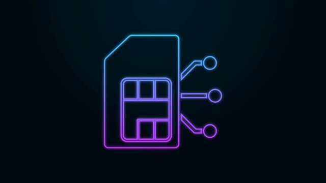 Glowing neon line Sim card icon isolated on black background. Mobile cellular phone sim card chip. Mobile telecommunications technology symbol. 4K Video motion graphic animation