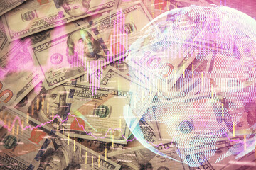 Multi exposure of forex chart drawing over us dollars bill background. Concept of financial success markets.
