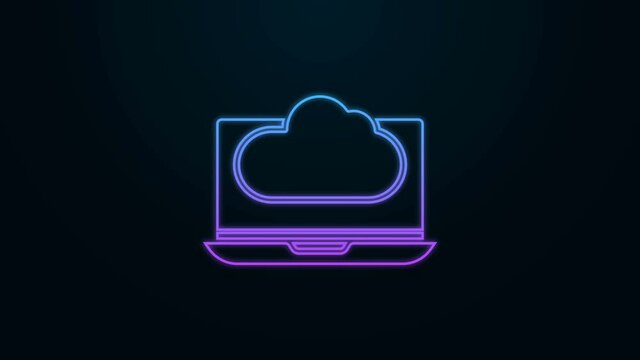 Glowing neon line Cloud technology data transfer and storage icon isolated on black background. 4K Video motion graphic animation