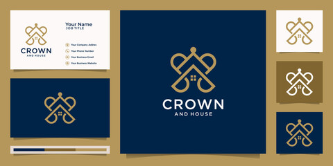 Fototapeta na wymiar Elegant simple logo crown and house design, symbol for kingdom,home,luxury,gold,logo design template and business card Premium Vector