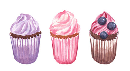 Set of three watercolor cupcakes on a white isolated background. Delicious, colorful and tasty desserts. 