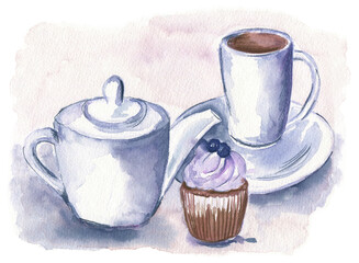 Watercolor sketch style composition of pot, mug and cupcake. Modern and free style. Perfect for cafe design, notebook covers, postcards and other cute projects. 