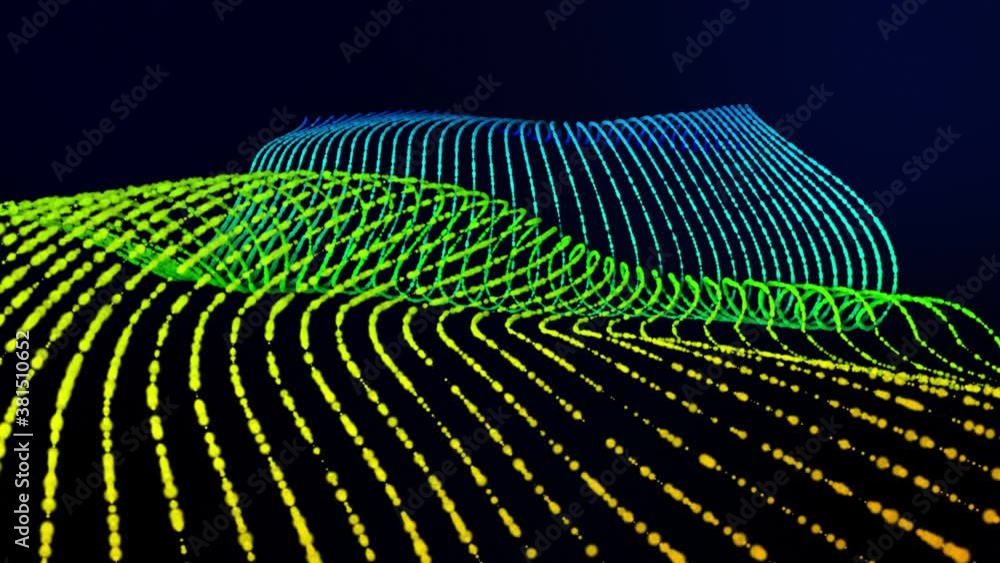 Poster abstract looped animated background. multicolored lines of connected particles move slowly on a blac