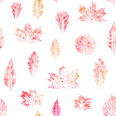 Seamless pattern with leaves imprints. Orange watercolor design. Colorful autumn ornament.