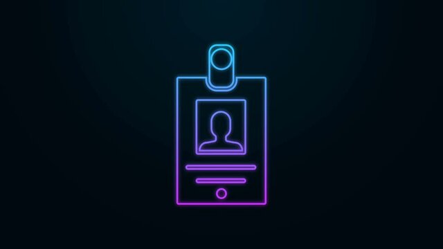 Glowing neon line Identification badge icon isolated on black background. It can be used for presentation, identity of the company, advertising. 4K Video motion graphic animation